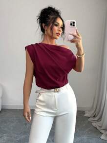 Elenzga Blusa de mujer con cuello asimétrico y plisada, de unicolor