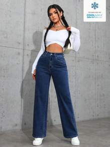 SHEIN EZwear Jeans casual a gamba dritta e morbidi con tasche, versatili, per donne