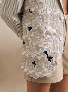 Anewsta Elegant Blue & White Striped Embroidered Slim Fit Women Blazer