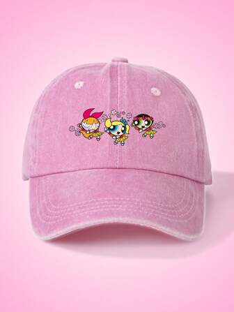 THE POWERPUFF GIRLS X SHEIN Gorra de béisbol rosa lavada con estampado de Flor, Burbuja y Burbujita