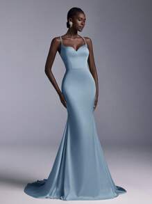 SHEIN Belle Váy dạ hội đuôi cá cổ chữ V hở lưng, sang trọng, tối giản, sang trọng, chất liệu satin, sang trọng, tối giản, sang trọng, thanh lịch, sang trọng ... - Màu xanh bụi bặm - Xem 4