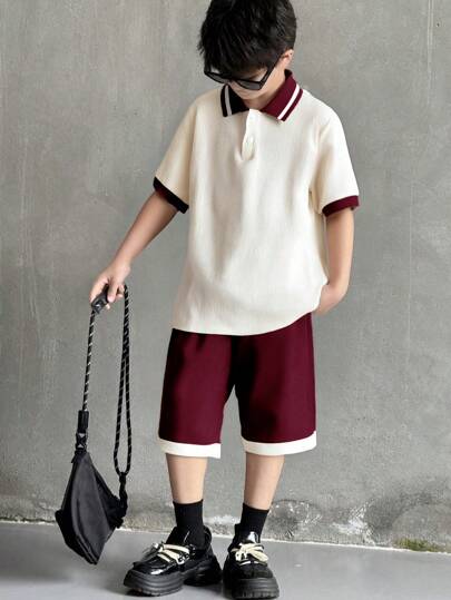 SHEIN Mirajuku 2 件套男童套装：短袖上衣和短裤