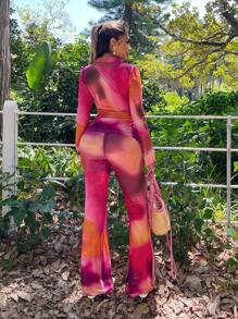 大码女式春夏性感扎染网眼印花褶皱腰长袖衬衫和扎染印花喇叭裤 2 件套，适合早春、春夏季、雨林、海滩派对、海边度假、篝火晚会，清凉轻盈，修身版型，穿着舒适，易于搭配且显瘦，凸显您的身材，修饰身材 - 彩色 - 查看 5