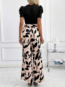 SHEIN Clasi Mono elegante de mujer con estampado de hojas, manga abullonada y lazo delantero con cinturón, adecuado para vacaciones de verano y salidas. Atuendo de verano elegante para mujer, ropa de verano, ropa elegante de vacaciones, ropa bohemia casual, ropa de mujer, vestido de graduación, vestido de graduación blanco, vestido de cóctel, atuendo de brunch para mujer, vestido de invitada de boda, ropa de iglesia para mujer - Multicolor - Ver 2