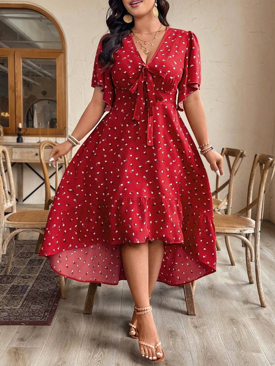 Breezaya Plus Size Women's V-Neck All-Over Print Ruffle Sleeve Asymmetric Hem Dress, Spring/Summer - Red - View 1