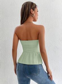 SHEIN PETITE Ruched Backless Peplum Tube Women Crop Top,Tube Top - Mint Green - View 2