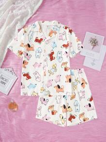 2pcs/Set Tween Girl' Casual Dog Doodle Button-Front Short Sleeve Top And Shorts Loungewear Set Pj Set For Kids Pajama Girl Set