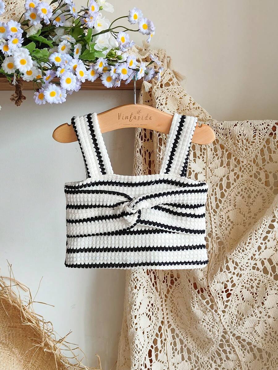 SHEIN 女婴扭纹条纹休闲吊带背心 - 黑與白 - 查看 1