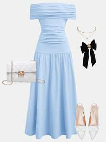 SHEIN Girlism Teen Girl Blue Color, Elegant Retro,Back To School/Party Outfits,Birthday Outfits,Prom Dress, Knitted One-Shoulder Pleated Long Dress - Baby Blue - View 1
