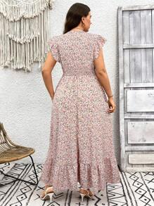 SHEIN LUNE Vestido de vacaciones largo con cuello en V, mangas de encaje y estampado floral pequeño en estilo bohemio para mujeres de talla grande - Multicolor - Ver 3
