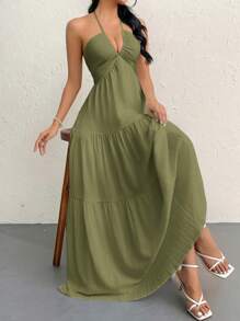Firerie Women's Crinkle Fabric Backless Halter Tie-Back Long Flowy Dress, Suitable For Holiday, Wedding, And Occasions,Bohemia,Summer Dresses For Women - Army Green - View 3