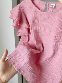 SHEIN Tween Girls Texture Woven Round Neck Ruched Cap Sleeve Fitted Casual Top, Vacation Style, French Elegance, Suitable For Spring Travel & Vacation - Dusty Pink - View 5