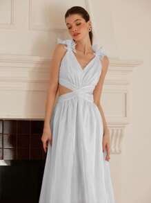 Aveloria Rosie Sexy Italian Solid Color Cross Strap Backless V-Neck Mermaid Dress, Satin Sheen, Sleeveless For Women Elegant FashionableOld Money Style Fall Cloth For Women