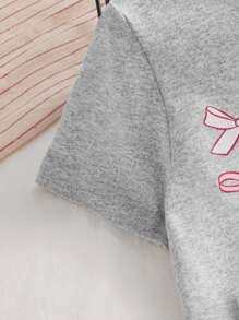 SHEIN Young Girl Casual Cute Bow Print Round Neck Short Sleeve T-Shirt, Versatile For Daily Wear, Summer - Grey - View 5