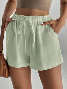 SHEIN Tall Women's Casual Mint Green Mini Shorts: Woven Fabric Drawstring Summer Shorts With Pockets - Mint Green - View 5