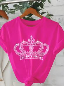 Maweii Plus Size Women Rhinestone Crown Print Round Neck Short Sleeve Casual T-Shirt