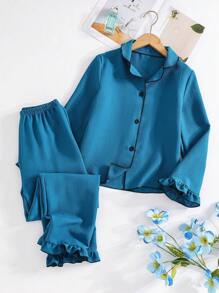 2 件套青少年女孩蓝色带黑色装饰休闲荷叶边领长袖上衣和裤子舒适家居服套装 - 藍色 - 查看 3