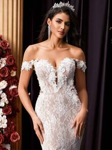 Glamrae White Spring Elegant Formal Wedding Mermaid Maxi Dress,Luxurious Embroidered Lace Applique Off-Shoulder Stretchy Backless Long Tail Bridal Bride Gala - Beige - View 2