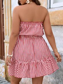 SHEIN VCAY 大码夏季休闲格子荷叶边无肩带连衣裙早午餐女士露肩连衣裙可爱性感短裙 - 紅白色 - 查看 2