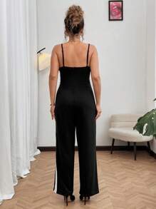 Franclia Plus Size Women Black & White Contrast Color Splice Sleeveless Jumpsuit, Elegant Office & Casual Outfit, Summer