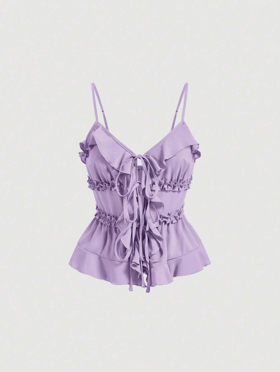 SHEIN MOD Summer Purple Bodycon Ruffle Cup Wireless Bralette With Front Knot And Back Straps,Rave Top - Purple - View 1