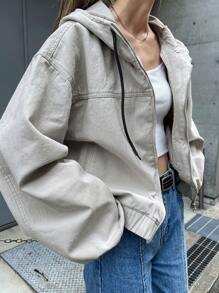 FRIFUL 女士休闲洗水牛仔连帽夹克 - 淺灰色 - 查看 3