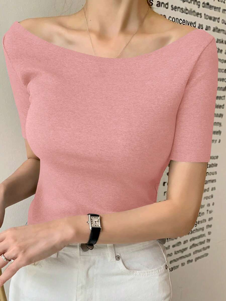 DAZY Áo thun nữ cổ tròn tay ngắn thanh lịch, màu xám, xuân/hè, trang phục công sở thường ngày cho nữ, quần áo trở lại trường - Hồng - Xem 1