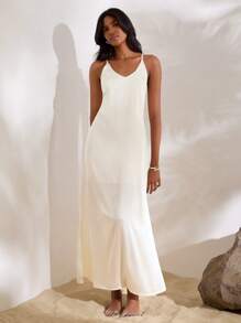 Opulessa 1pc Women's Solid Color Woven Backless Cami Maxi Dress Vacation Casual Spring - Apricot - View 2