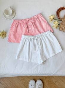Comfortcana 2 chiếc quần short kẻ sọc vải lanh cho nữ - Đỏ và trắng - Xem 5