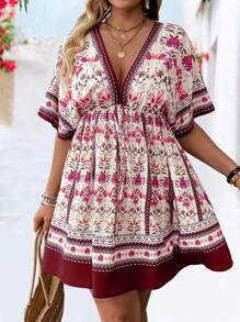 Breezaya Vintage-Blumenmuster V-Ausschnitt Taille gerafft Ärmel Kleid, modischer Frühlings-/Sommer-Urlaubsstil - Rot - Übersicht 6