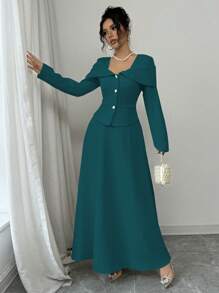 Elenzga Women's Solid Color Front Button Long Sleeve Top And Skirt Elegant 2 Pieces Set - Dark Green - View 7