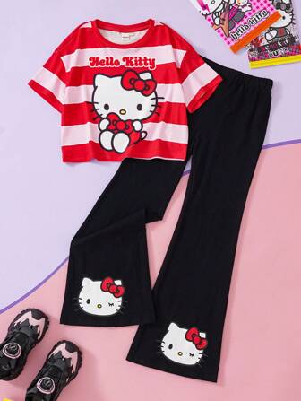HELLO KITTY AND FRIENDS | SHEIN 少女卡通猫咪印花条纹可爱甜美校园风短袖 T 恤和黑色休闲喇叭裤套装
