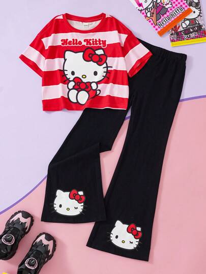 HELLO KITTY AND FRIENDS | SHEIN 少女卡通猫咪印花条纹可爱甜美校园风短袖 T 恤和黑色休闲喇叭裤套装