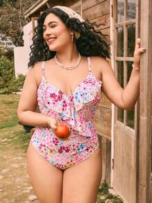 Swim Mod 1pc Plus Size Women Cute Random Floral Print Ruffled Adjustable Strap One-Piece Swimsuit, Holiday Beach Resort For Summer Beach Vacation - Multicolor - View 6