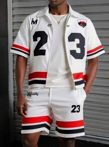 PAVTROS Manfinity Streetrush Manfinity EMRG Men's Digit Stripe Zip-Front Shirt And Shorts Set,Men Two Pieces Outfits, 2 Pieces Set, Men Two Pieces Set, Men Two Pieces Sets, Men 2 Pieces - White - View 1