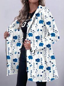 SHEIN LUNE 女士休闲度假抽绳口袋连帽运动衫，毛绒图案印花长款轻便夹克 - 藍白色 - 查看 3