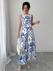 Breezaya 2件套夏季休闲度假碎花上衣+宽松阔腿裤套装 - 彩色 - 查看 7