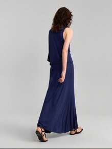 Ontre 2pcs/Set Women Summer Minimalist Loose Top And Skirt Set, Navy Blue - Black - View 7