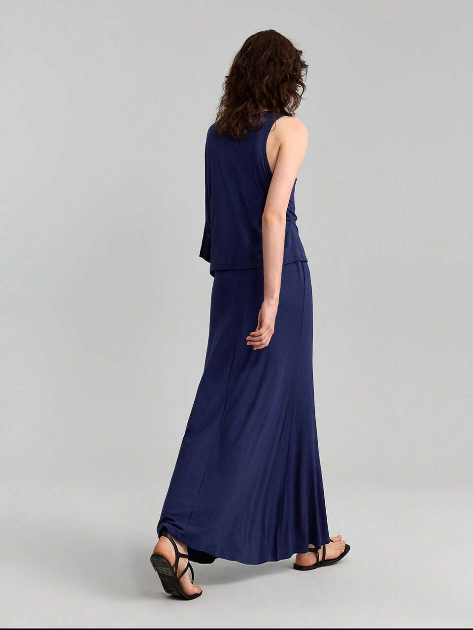 2pcs/Set Women Summer Minimalist Loose Top And Skirt Set, Navy Blue