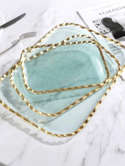 Zazumi Nordic Ins Square Glass Plate With Bottom Snack Salad Plate Tracing Gold Fruit Plate Human Hotel Household Light Luxury