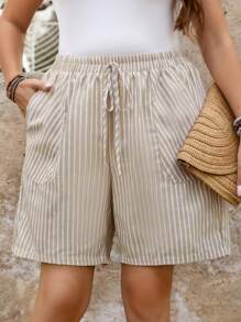 SHEIN LUNE Plus Size Women'S Summer Army Green Comfortable Casual Vacation Mother's Day Boho Shorts Women Summer Clothes - Khaki - View 4
