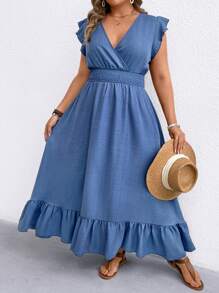 SHEIN Clasi Plus Size Women's Boho Vacation Ethnical Print Backless Halter Beach Dress, Spring/Summer - Blue - View 1