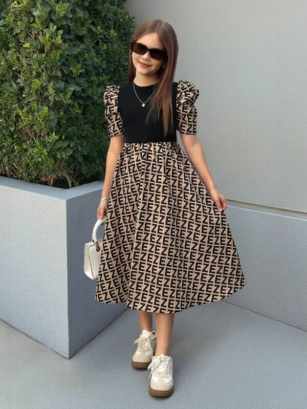SHEIN Nova Glow Tween Girls' Cute Geometric Print Splice Short Sleeve Solid Color Mid-Length Dress