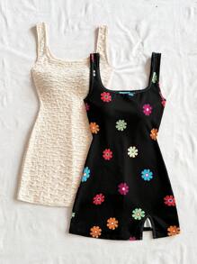 SHEIN WYWH 花卉印花露背浪漫休闲度假迷你连衣裙 - 2 种款式可选：黑色花卉和米色纹理 - 彩色 - 查看 5