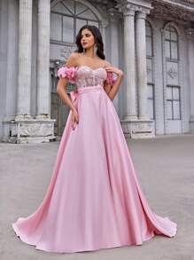 Glamrae Spring And Summer, Elegant, Romantic, Dignified, Fashionable, Lotus Pink Color, Satin, Sequin Stitching, Strapless Three-Dimensional Flower Decoration, Detachable Waist Ribbon, Bow, Back Strap, Train, Large A-Line Dress, Suitable For Birthday Parties, Wedding Guests, Vacation, Holiday Dances, Back To School Season, Graduation Season, Formal Dinner Dresses(Heavy Model), Party Dress, Gown, For Evening,Graduation,Teacher Outfits For Women,Teacher Dress - Pink - View 6