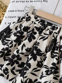 年轻女孩花卉印花松紧腰休闲夏季 A 字裙 - 卡其色 - 查看 5