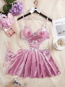 2 Stücke/Set Glitter Bogen Dekor Frauen Sexy Leibchen & Nachthemd Set - Pink - Übersicht 6