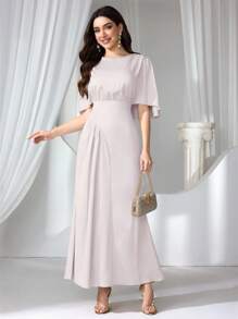 Coutiva Women Solid Color Round Neck Batwing Sleeve Elegant Cocktail Party Dress, Wedding Guest Dress - Baby Pink - View 1