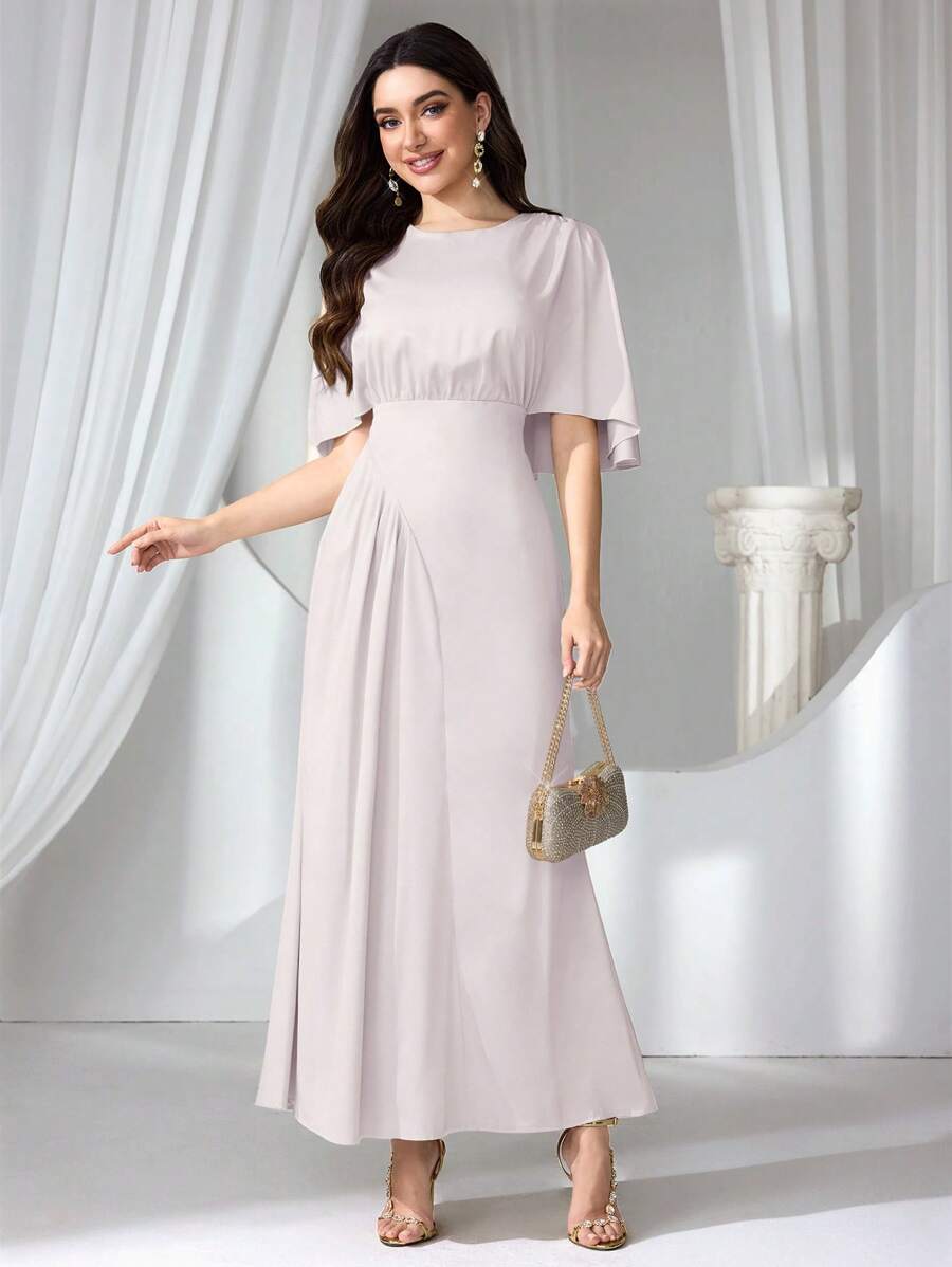 Coutiva Women Solid Color Round Neck Batwing Sleeve Elegant Cocktail Party Dress, Wedding Guest Dress - Baby Pink - View 1
