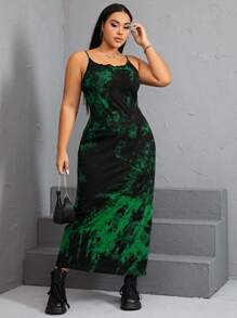 SHEIN EZwear Váy xẻ tà nhuộm loang cỡ lớn, thường ngày mùa hè - màu xanh lá - Xem 4